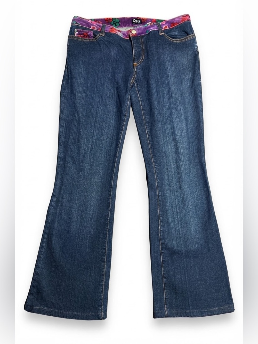DOLCE AND GABBANA y2k PRINTED VELVET TRIM STRETCHY BLUE DENIM JEANS 30 / 44